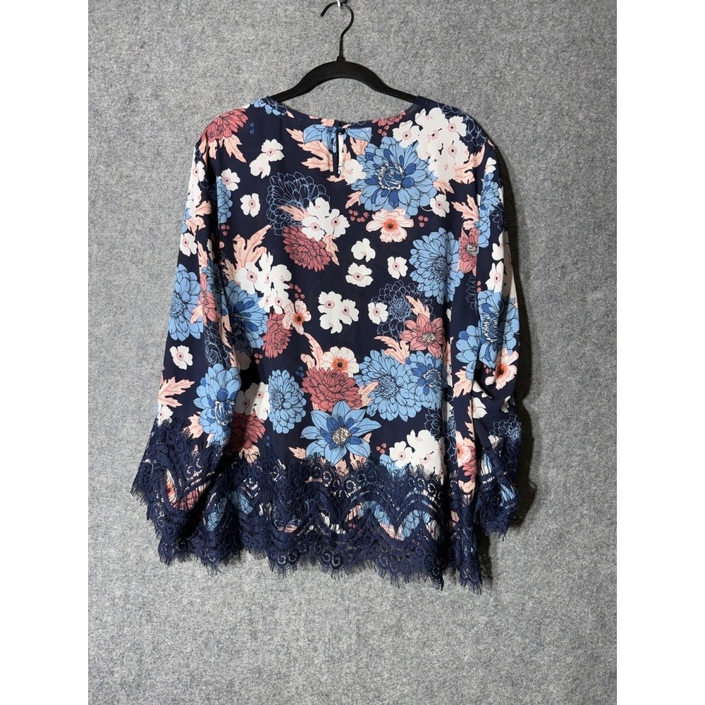 Chicos Navy Blue Floral Lace Hem Blouse Long Bell Sleeve Womens Size 4 XXL - Picture 6 of 8